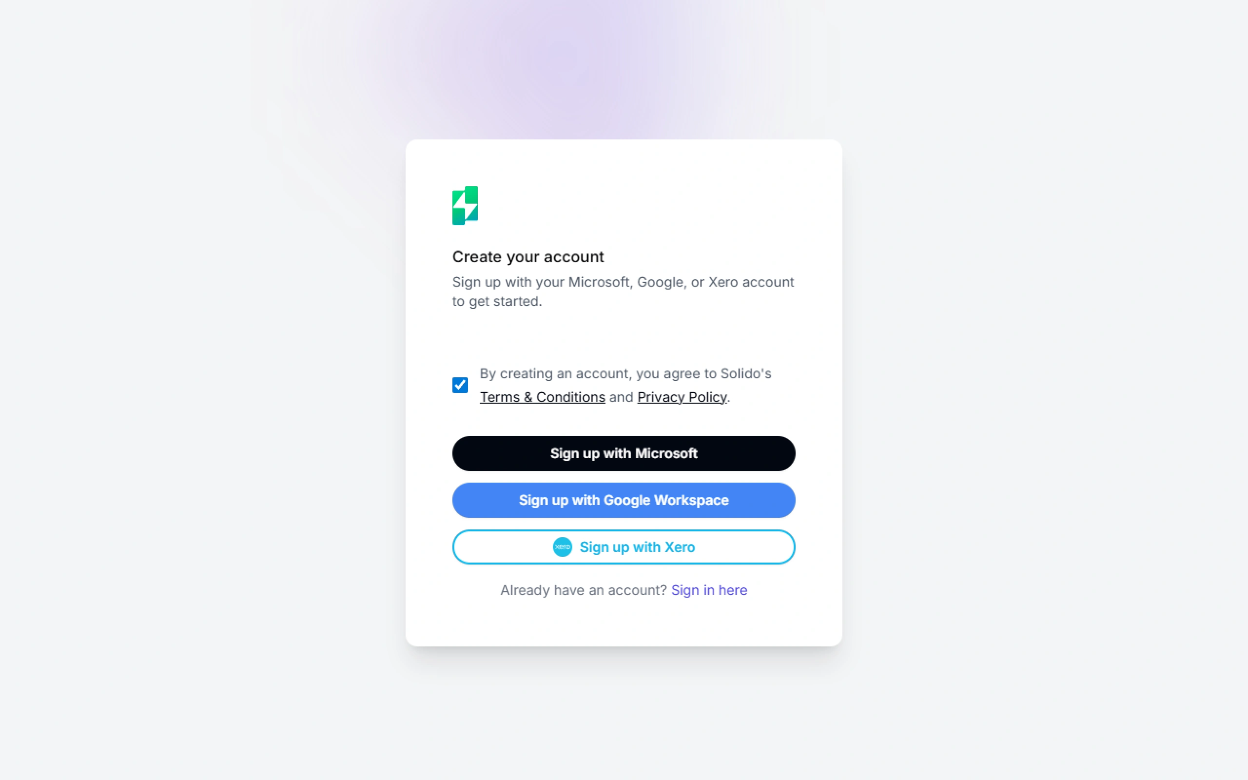 Create account screen
