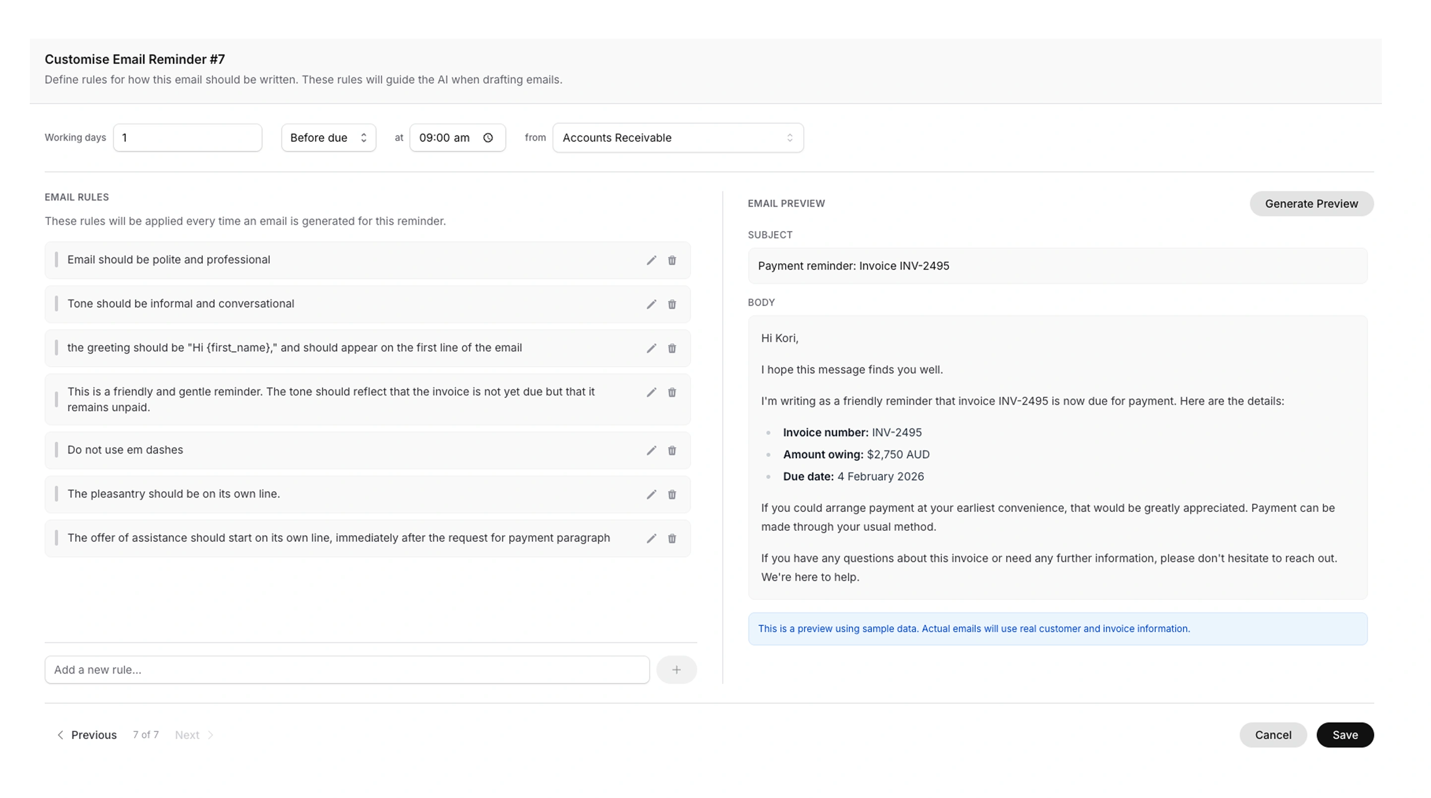 Email rule configuration